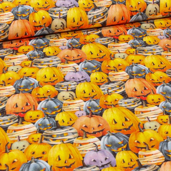 Tissu Coton imprimé Bio Citrouille party sur fond Noir - Par 10 cm