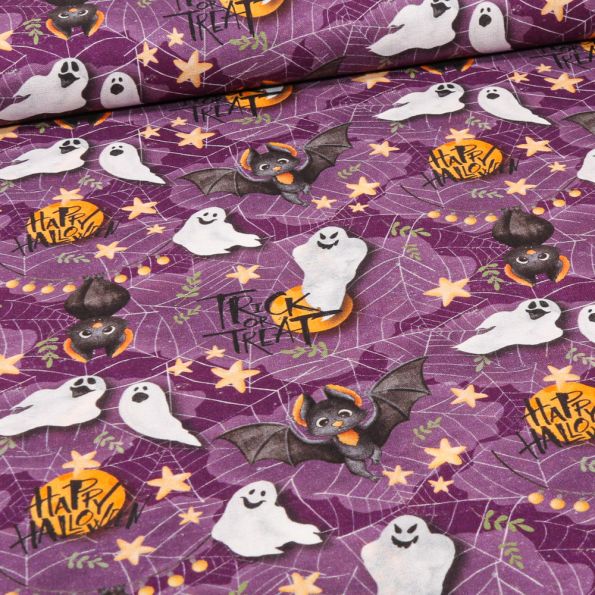 Tissu Coton imprimé Bio trick or treat sur fond Violine - Par 10 cm