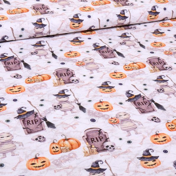 Tissu Coton imprimé Hallo RIP sur fond Blanc cassé - Par 10 cm