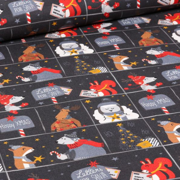 Tissu Coton imprimé Bio Letters for santa sur fond Bleu marine - Par 10 cm