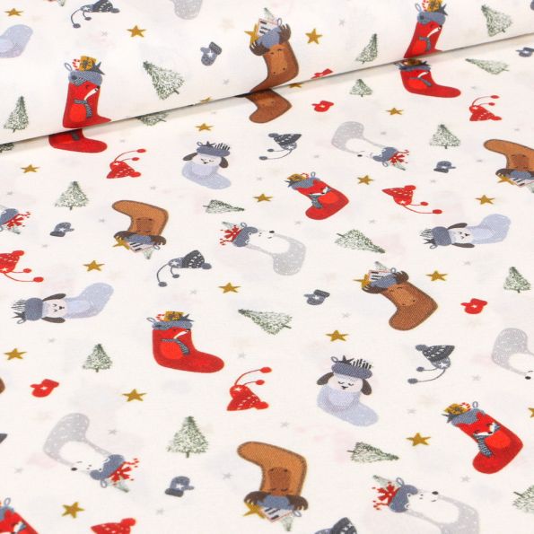 Tissu Coton imprimé Bio Chausettes de noël sur fond Ecru - Par 10 cm