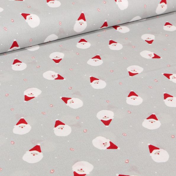 Tissu Coton imprimé Bio Santa's sur fond Gris - Par 10 cm