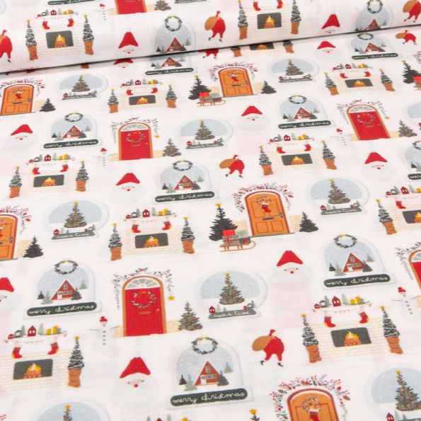 Tissu Coton imprimé Bio Christmas déco sur fond Blanc cassé - Par 10 cm