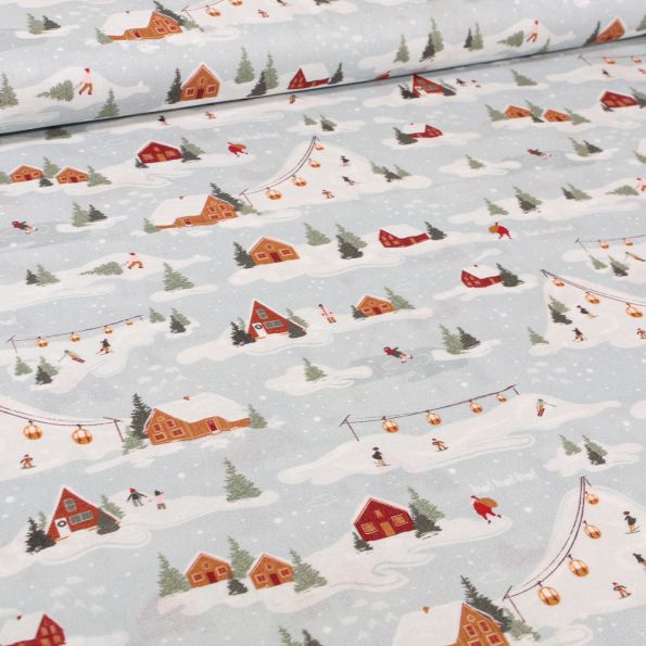 Tissu Coton imprimé Bio Jeux d'hiver sur fond Gris clair - Par 10 cm