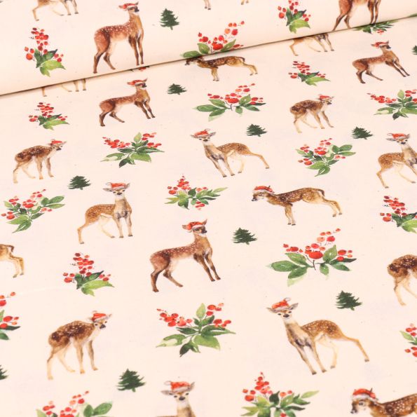 Tissu Coton imprimé Bio Chevreuil de noël sur fond Ecru - Par 10 cm
