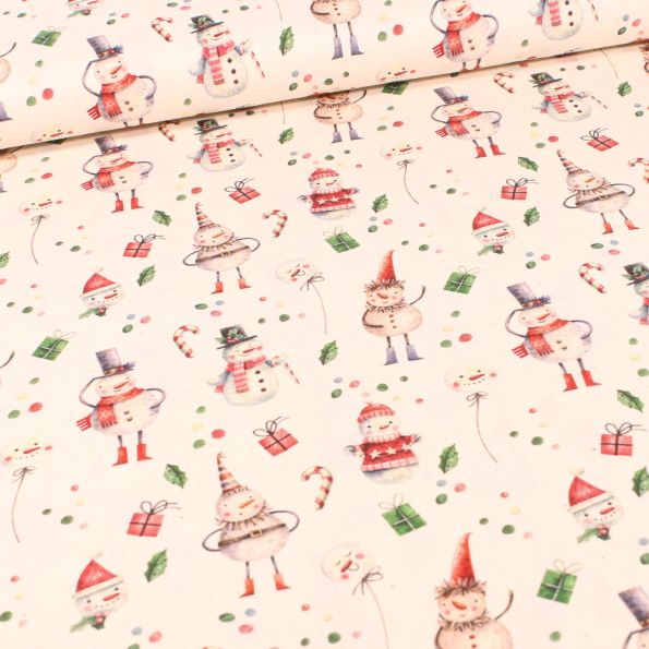 Tissu Coton imprimé Bio Bonhommes de neiges sur fond Ecru - Par 10 cm