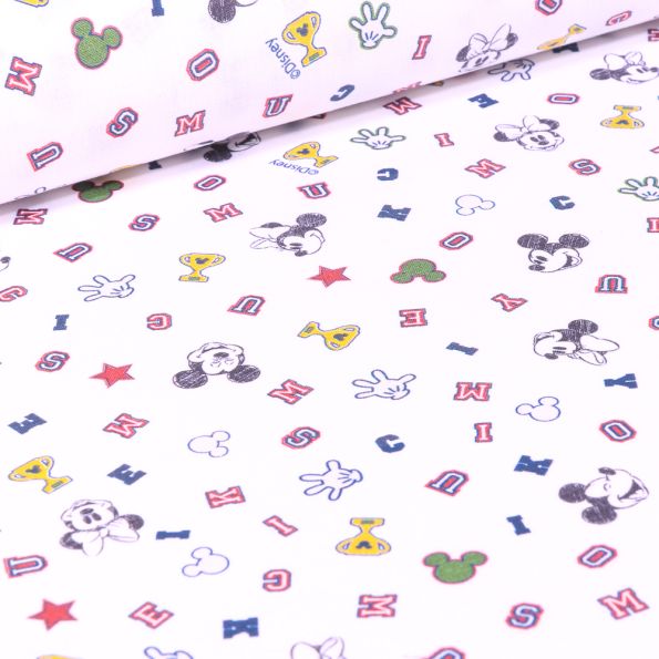 Tissu Coton imprimé sous licence Bio Logo Mickey sur fond Blanc - Par 10 cm