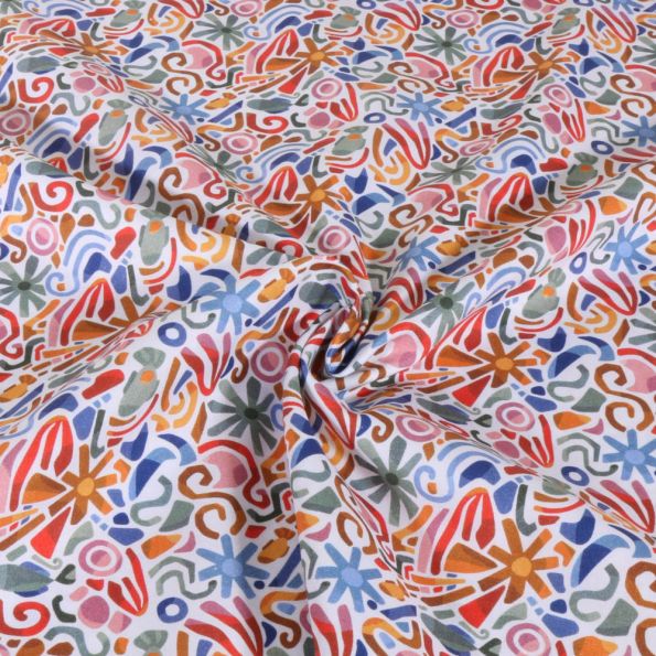 Tissu Popeline de Coton imprimé Formes florales et géométriques sur fond Blanc - Par 10 cm