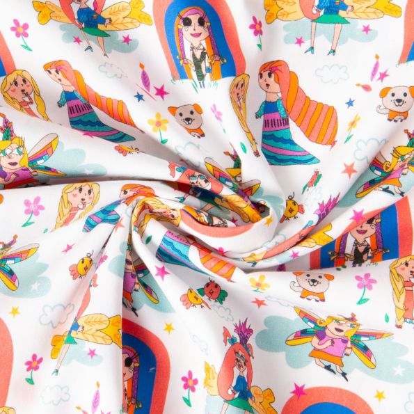 Tissu Popeline de Coton Dessin d'enfant sur fond Blanc - Par 10 cm