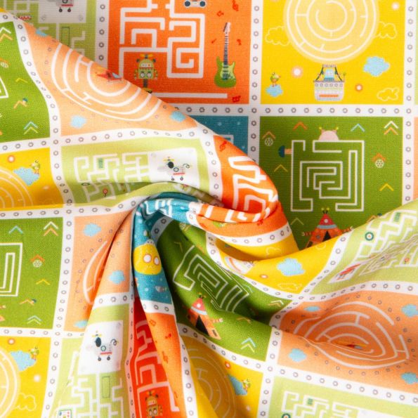 Tissu Popeline de Coton Labyrinthe sur fond Multicolore - Par 10 cm