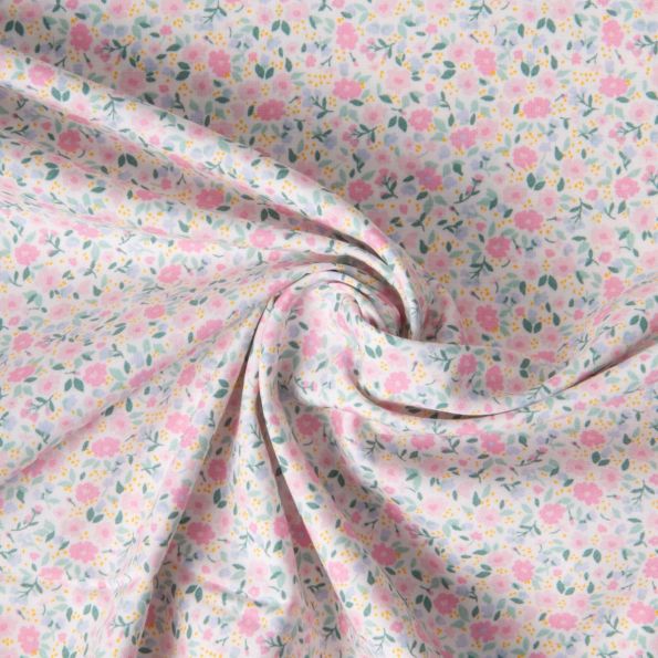 Tissu Coton imprimé Liberté floral rose bleu sur fond Blanc - Par 10 cm