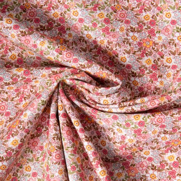 Tissu Coton imprimé Liberté floral  rose orangé sur fond Blanc - Par 10 cm