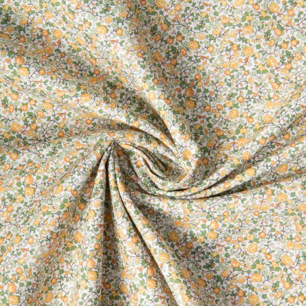 Tissu Coton imprimé Liberté floral vert jaune sur fond Blanc - Par 10 cm