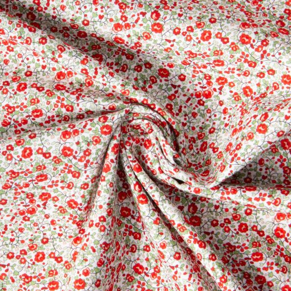Tissu Popeline de Coton Léonie petites fleurs Rouge et Vert sur fond Blanc - Par 10 cm