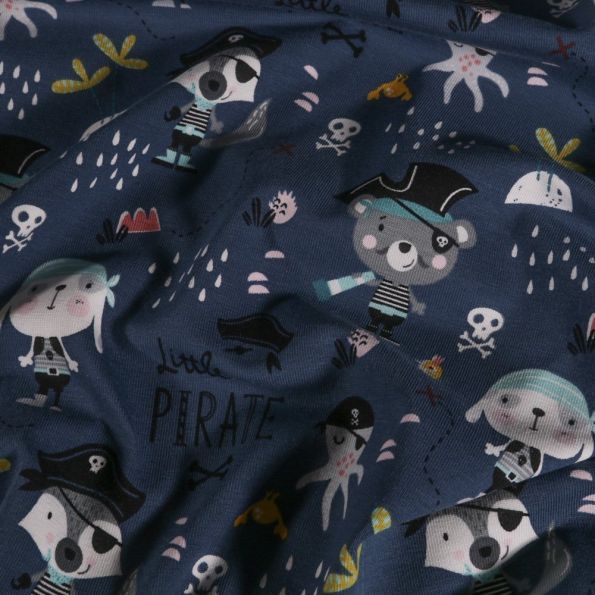Tissu Jersey Coton Ourson Pirate sur fond Bleu marine - Par 10 cm