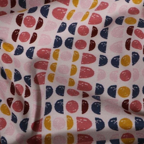 Tissu Jersey Coton Cercles et demi cercles colorés sur fond Blanc - Par 10 cm