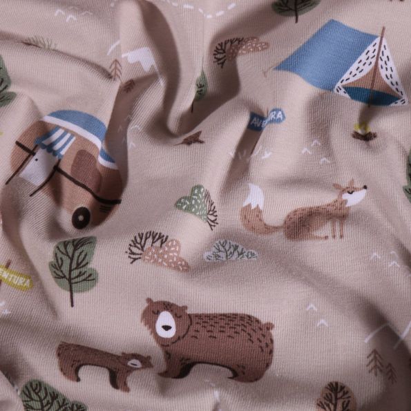 Tissu Jersey Coton Camping Sauvage sur fond Beige - Par 10 cm