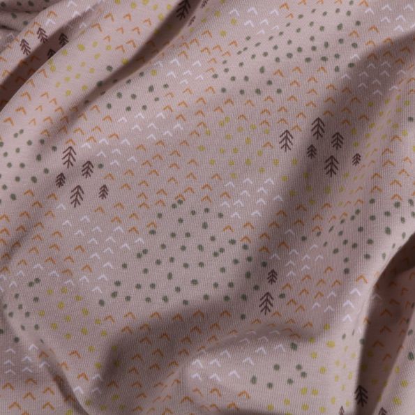 Tissu Jersey Coton Forêt aérienne sur fond Beige - Par 10 cm