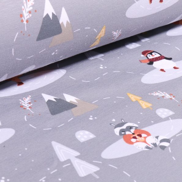 Tissu Jersey Coton Bio Pingouins glacial sur fond Gris - Par 10 cm