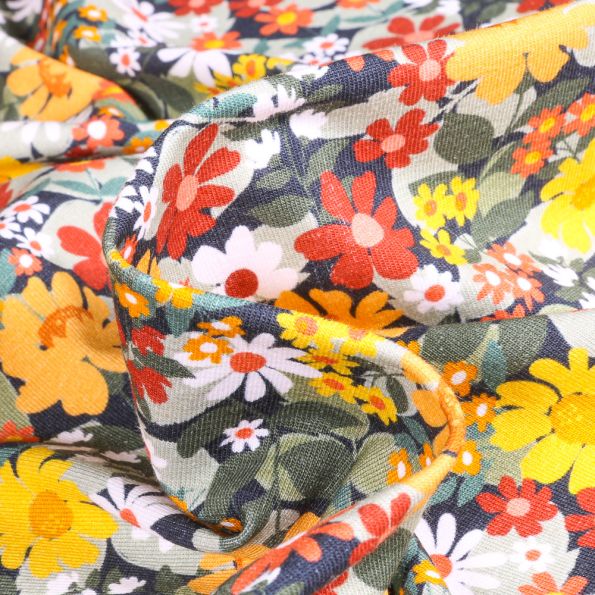 Tissu Jersey Coton Fleurs des champs colorés sur fond Bleu marine - Par 10 cm