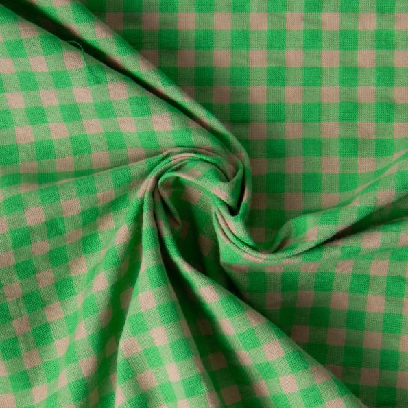 Tissu Seersucker Bicolore Carreaux beige sur fond Vert gazon - Par 10 cm