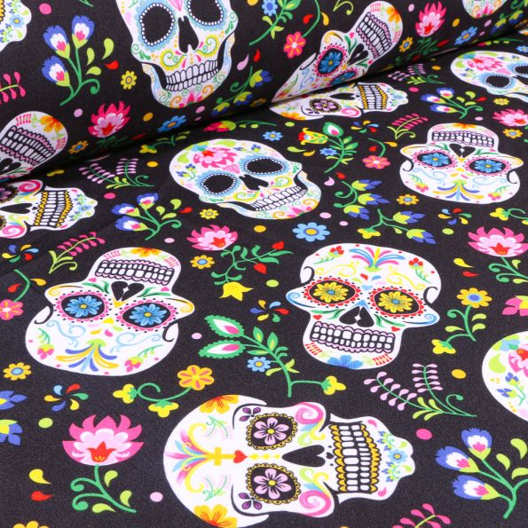Coupon Tissu Burlington Têtes de morts colorées sur fond Noir - Coupon de 50 cm