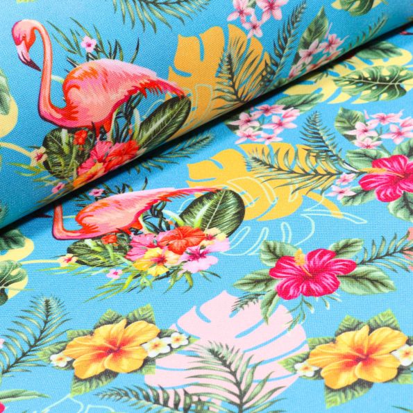 Tissu Burlington Flamingo sur fond Bleu turquoise - Par 10 cm