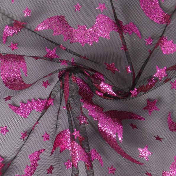 Tissu Tulle souple  Morgana chauves-souris paillettes Fuchsia sur fond Noir - Par 10 cm