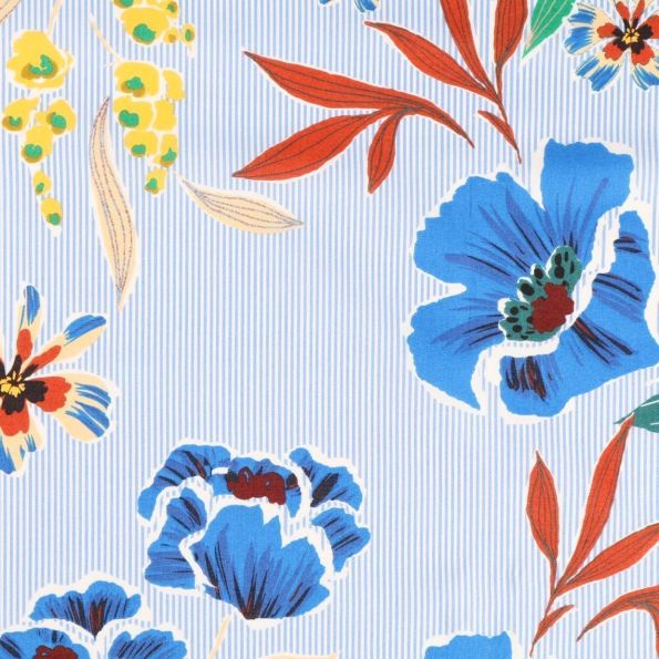Tissu Voile de Coton Fleurs bleues, marron, jaunes et vertes sur fond Rayé bleu et blanc - Par 10 cm