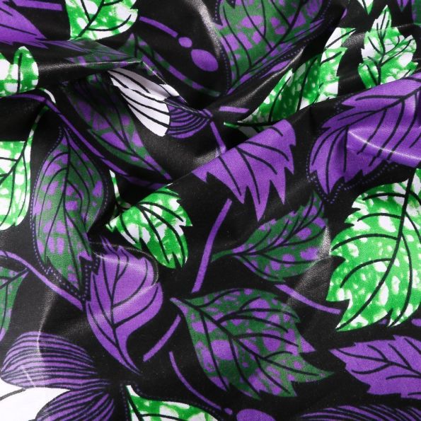 Tissu Wax africain N° 615 Feuilles sur fond Noir - Par 10 cm