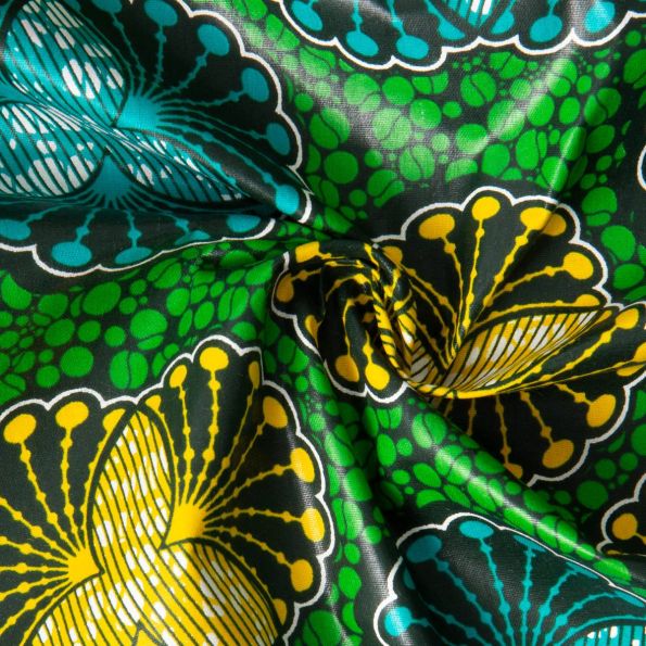 Tissu Wax africain n°605 sur fond Vert - Par 10 cm