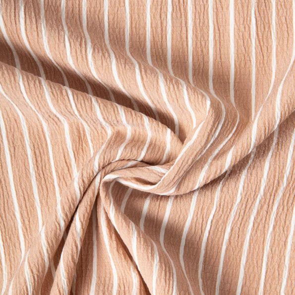 Tissu Polyviscose Seersucker aspect Lin lavé Suzy rayures Blanc sur fond Beige sable - Par 10 cm