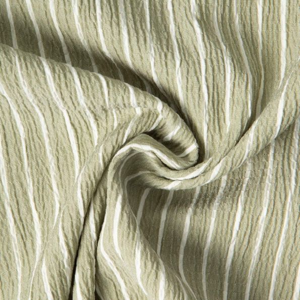 Tissu Polyviscose Seersucker aspect Lin lavé Suzy rayures Blanc sur fond Vert kaki clair - Par 10 cm