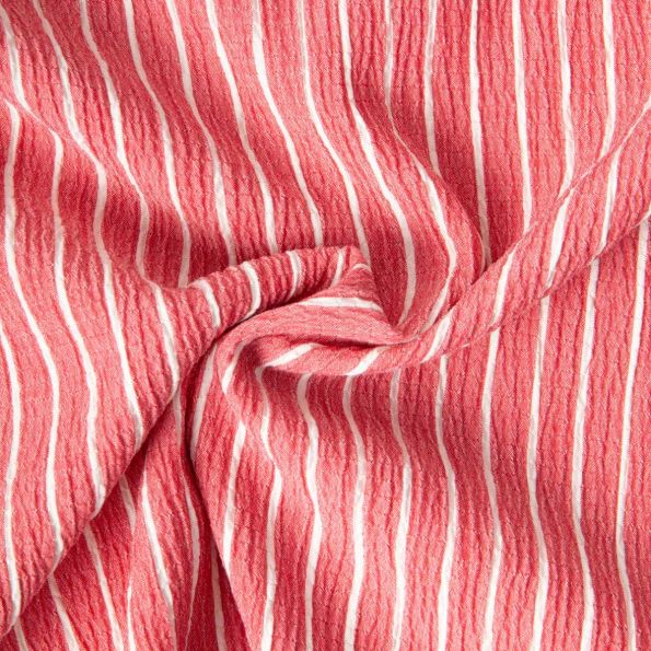Tissu Polyviscose Seersucker aspect Lin lavé Suzy rayures Blanc sur fond Corail - Par 10 cm