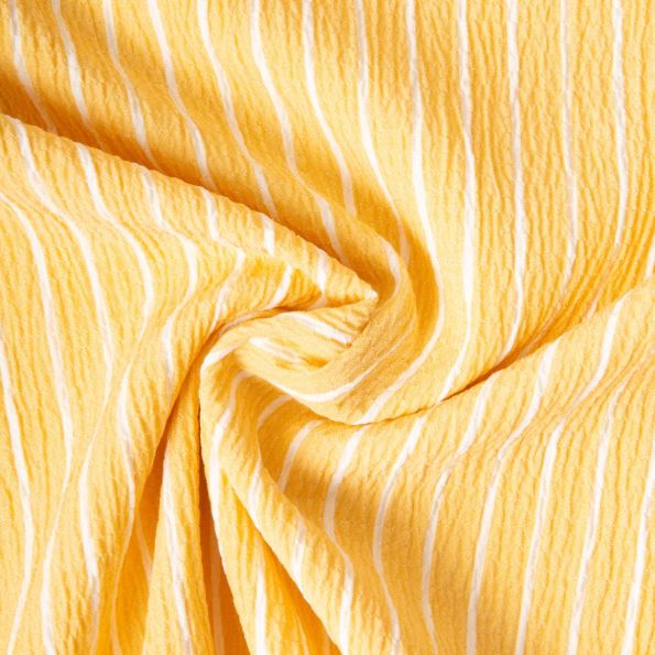 Coupon Tissu Polyviscose Seersucker aspect Lin lavé Suzy rayures Blanc sur fond Jaune soleil - Coupon de 100 cm
