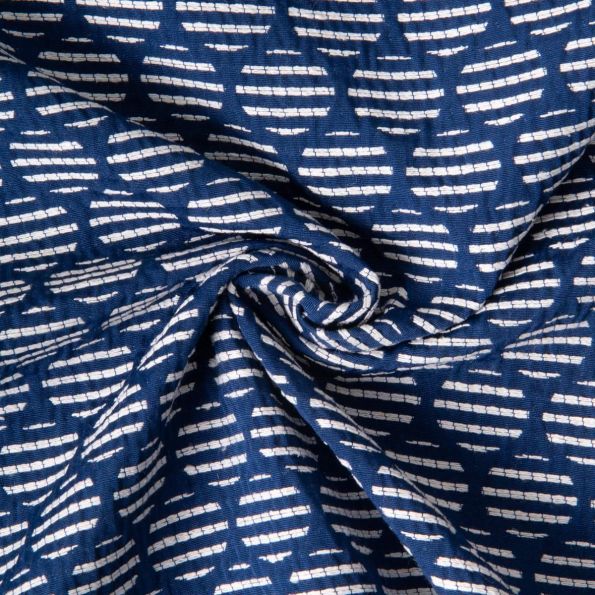 Tissu Jacquard Polycoton Pois rayés blancs sur fond Bleu - Par 10 cm