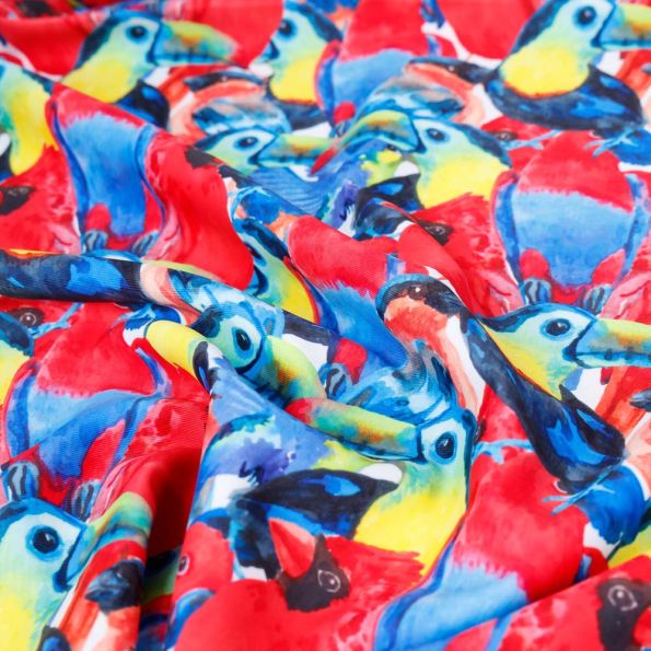 Tissu Lyocell Maillot de bain Perroquets rouges et bleus sur fond Blanc - Par 10 cm