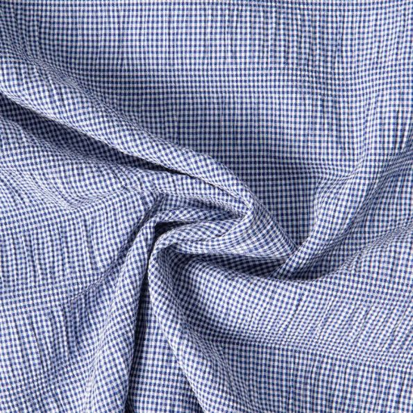 Tissu Polyviscose Seersucker aspect Lin lavé Suzy carreaux Blanc sur fond Bleu - Par 10 cm