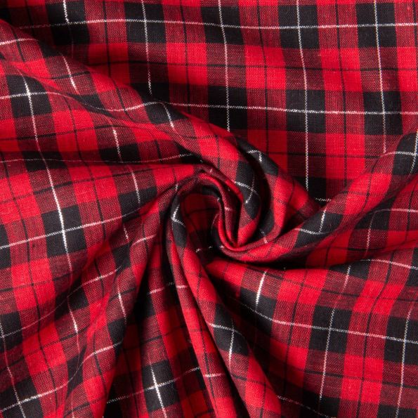 Tissu Coton Tartan Ecossais Noir Lurex sur fond Rouge - Par 10 cm