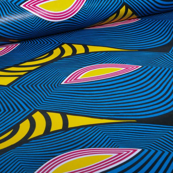 Tissu Wax africain n° 703 sur fond Bleu - Par 10 cm
