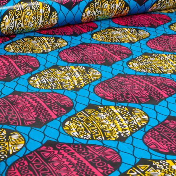 Tissu Wax africain n° 731 sur fond Bleu turquoise - Par 10 cm