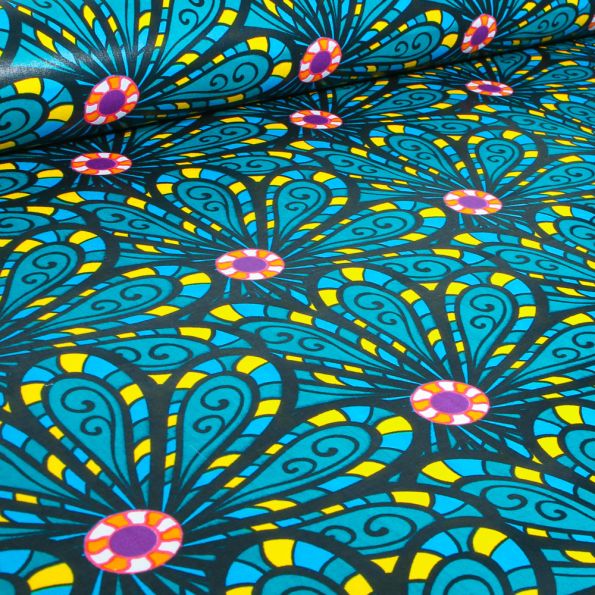 Tissu Wax africain n° 745 sur fond Bleu turquoise - Par 10 cm