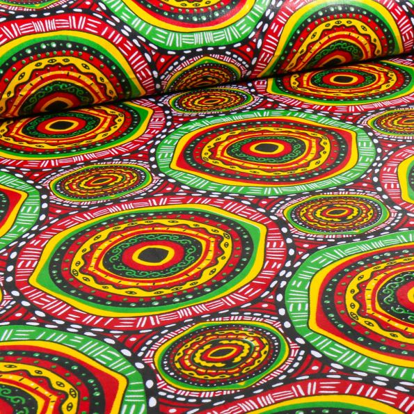 Tissu Wax africain n° 755 sur fond Rouge - Par 10 cm
