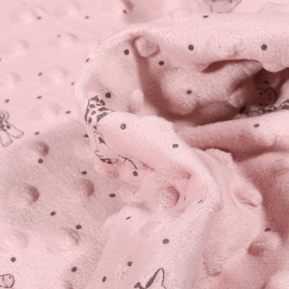 Tissu Minky Ultra doux Pois Girafes sur fond Rose poudré - Par 10 cm