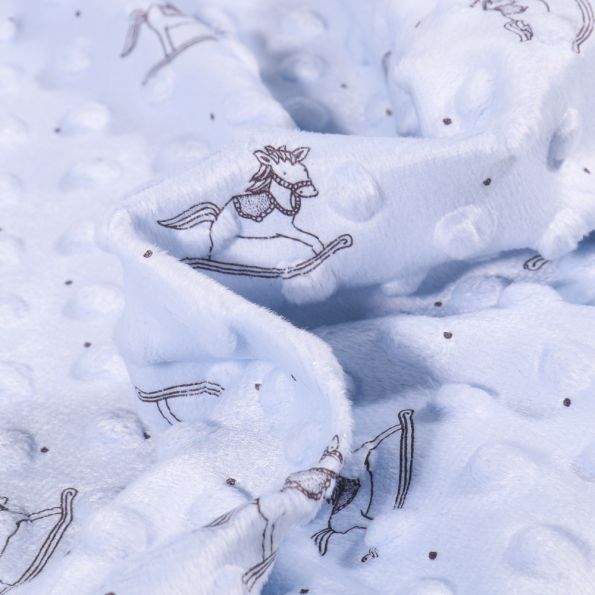 Tissu Minky Ultra doux Pois Cheval à bascule sur fond Bleu ciel - Par 10 cm