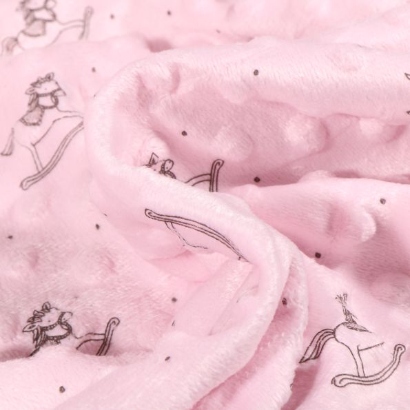 Tissu Minky Ultra doux Pois Cheval à bascule sur fond Rose - Par 10 cm