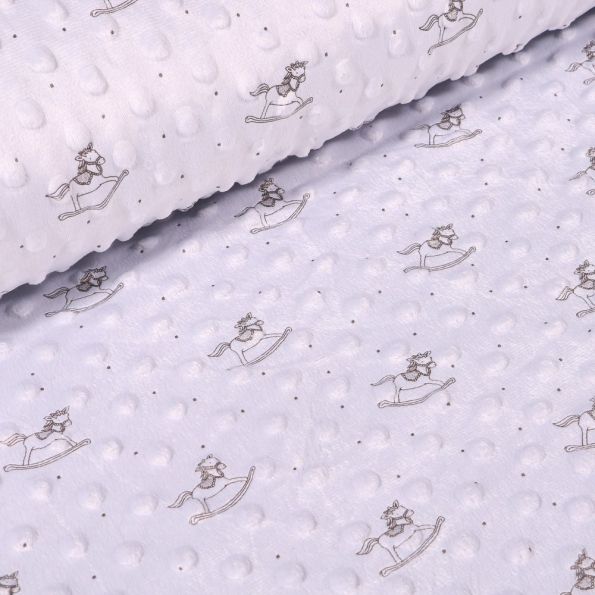 Tissu Minky Ultra doux Pois Cheval à bascule sur fond Gris clair - Par 10 cm