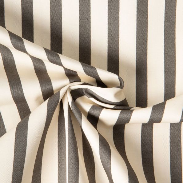 Tissu Coton Sergé Satiné légèrement extensible rayures Gris taupe sur fond Ecru - Par 10 cm