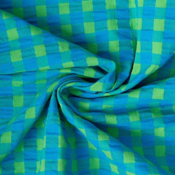 Tissu Seersucker légèrement extensible carreaux Bleu et Vert - Par 10 cm