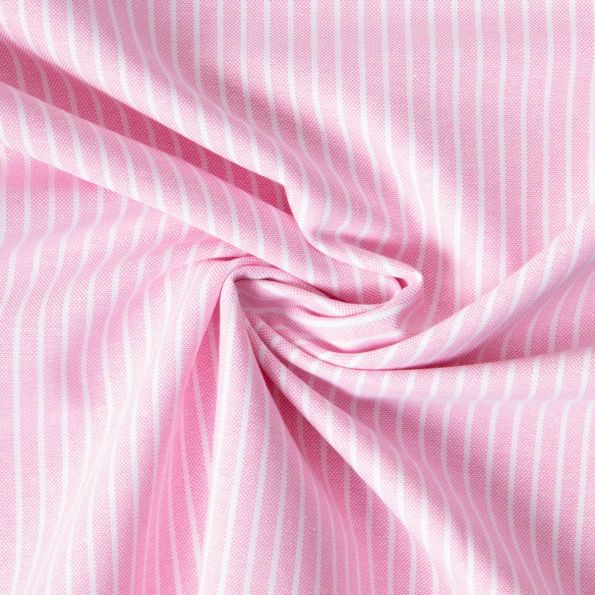Tissu Coton aspect Lin Emy rayures Blanc sur fond Rose - Par 10 cm